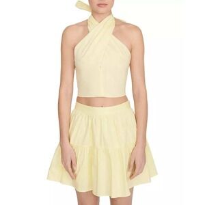 Staud Women Lemon Yellow Tiered Cotton Mini Skirt Size 8 High Waisted Ruffle